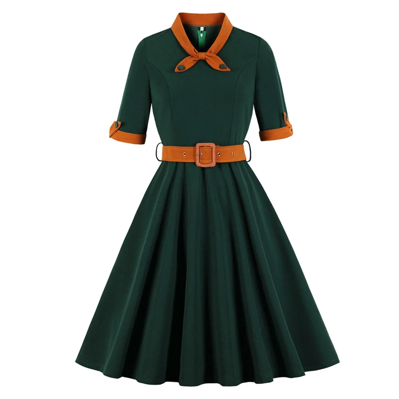 

Green Contrast Bow Neck and Cuff Vintage Belted Dress Autumn Elegant Half Sleeve Women Fit and Flare Retro Swing Dresses