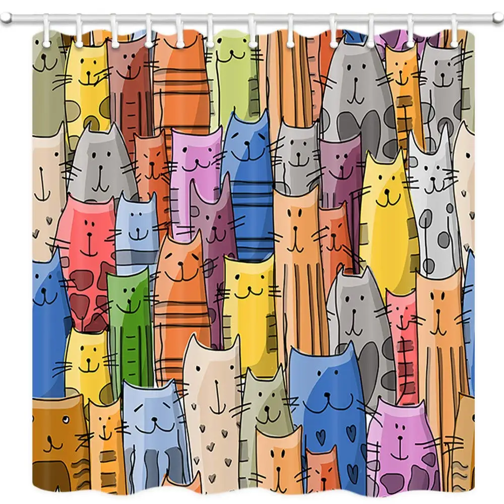 

Cat Shower Curtain, Hand Painted Colorful Cats for Kid, Bathroom Curtains Decor Accessories with Hooks,Polyester Fabric