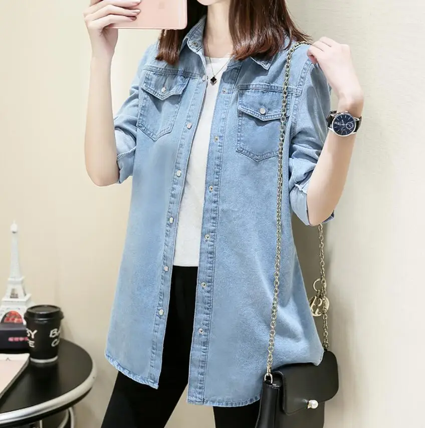 Light Blue Весна Осень размера плюс джинсовые рубашки женские модные блузки с длинным рукавом однобортные Отбеленные Рабочие тонкие женские свободные рубашки - Цвет: Light Blue