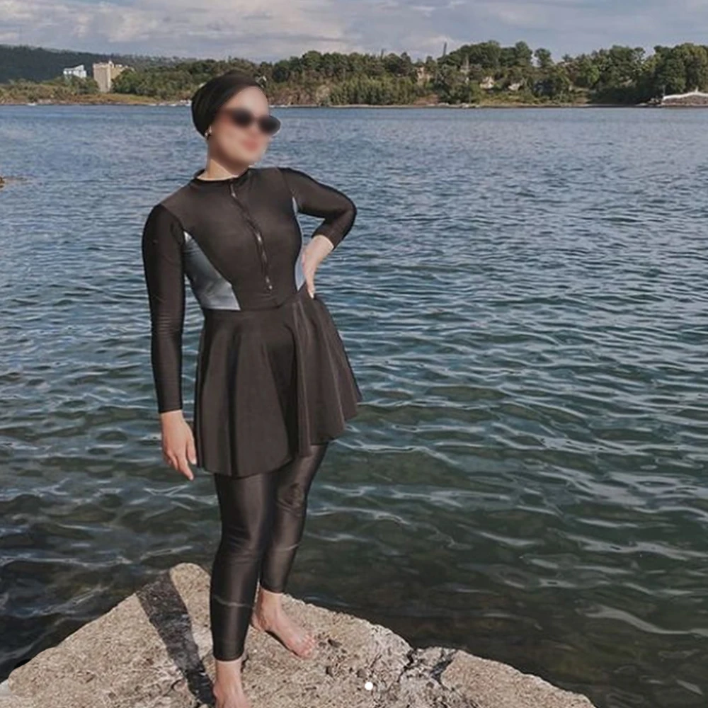 Modest Simple Design Bra Padding 3PCS Burkini Muslim Patchwork Hijab Long Sleeves Sport Swimsuit Swimwear Wear Bathing Suit | Спорт и