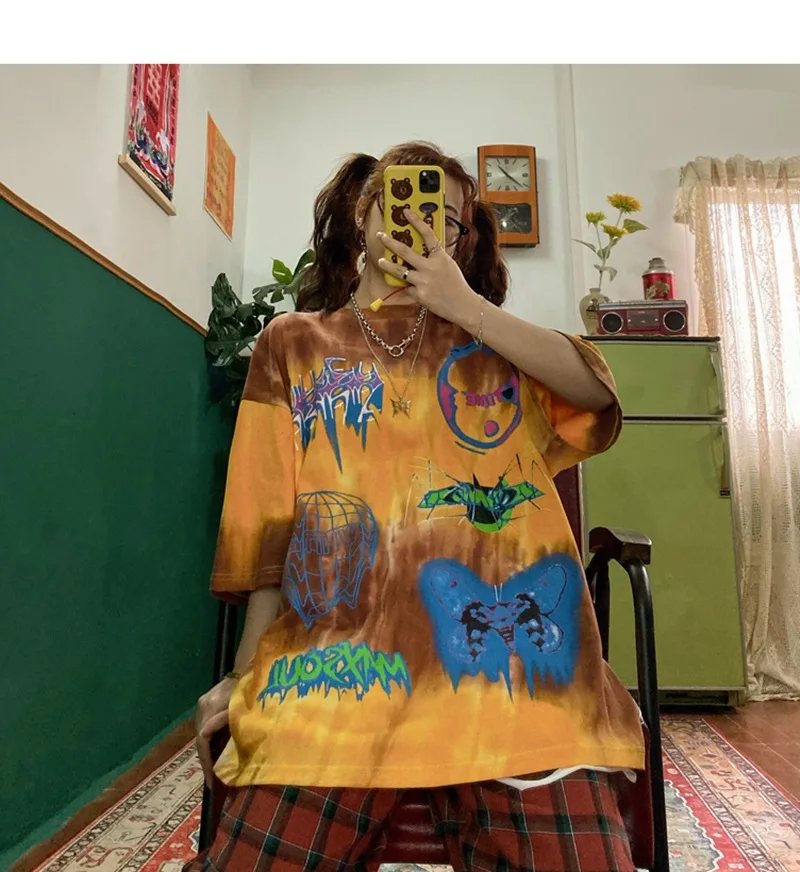 

Летняя Новинка 2021, уличная Винтажная футболка в стиле хип-хоп с коротким рукавом, свободная футболка для влюбленных с популярным логотипом, ...