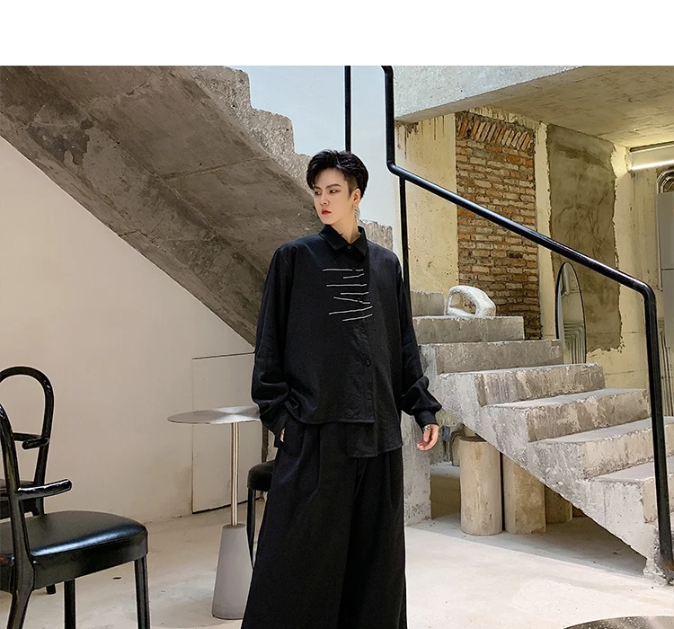 Men Long Sleeve Embroidery Irregular Casual Black White Shirt Male Streetwear Hip Hop Gothic Japan Dress Shirt