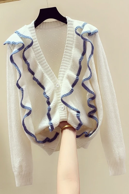 

Hook Flower Knitted Cardigan Women Autumn Winter Long Sleeve Ruffled V-neck Cropped Sweaters Female Casual Short Jumper Top