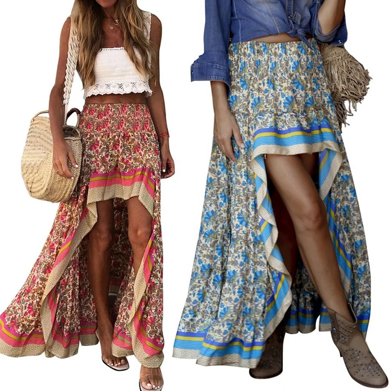 

Hot kf-2 Pcs Boho Print Long Skirts Women Bottoms Elastic Waist Gypsy Ethnic Ladies Skirt L Size, Red & Blue