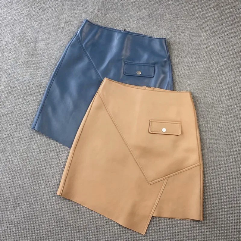 

Fashion Office Ladies High Waist Genuine Leather Skirt Design Asymmetrical Wrap Mini Skirts Women Slim Fit Zipper A-Line Skirts