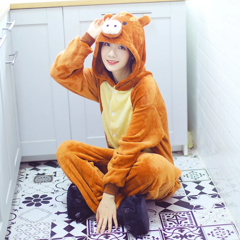 Коричневые пижамы с кабаном костюм для женщин взрослых Аниме Kigurumi Onesie животные