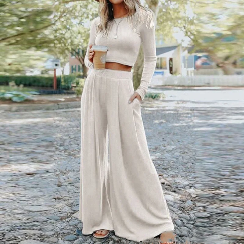 

New Women Knitted Solid Long Sleeve Wide Leg Pants 2PCS Suits Casual Spring Autumn Short Top Elastic Waist Sets Loose Streetwear