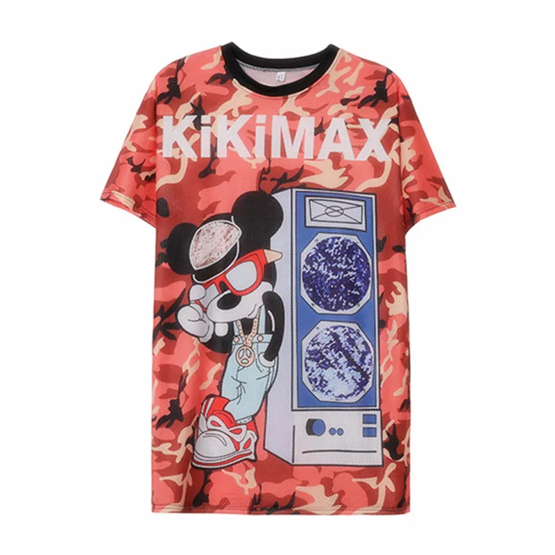 

Plus Size Sexy Girl Camo Mickey Print T-shirt Women 2020 Summer Mesh T Shirt Causal Loose Tee Top Shirts Letters Streetwear