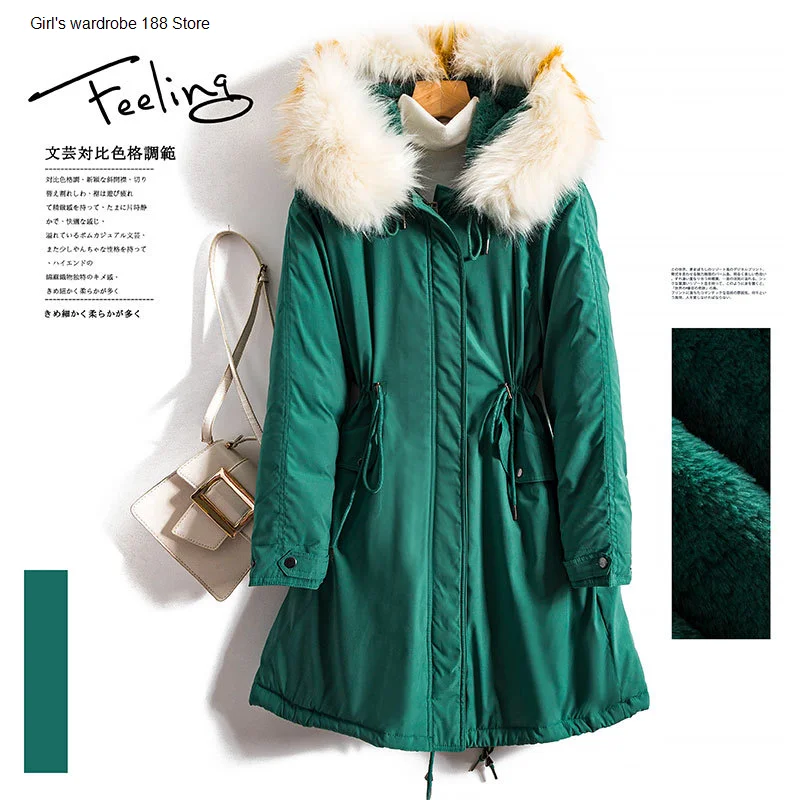 

Winter high-end women's waist plus velvet cotton-padded coat mid-length coat