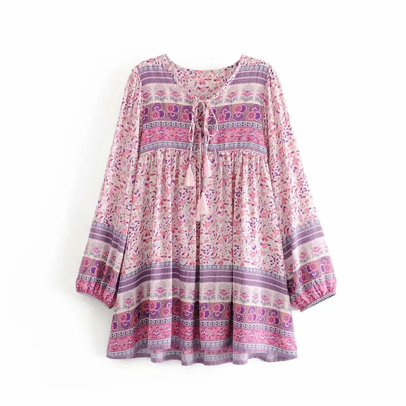as picture Boho chic happie женское розовое Цветочное платье с длинным рукавом, кисточками и оборками, Пляжное богемное мини-платье, женское Свободное платье с v-образным вырезом, вискозное платье - Цвет: as picture