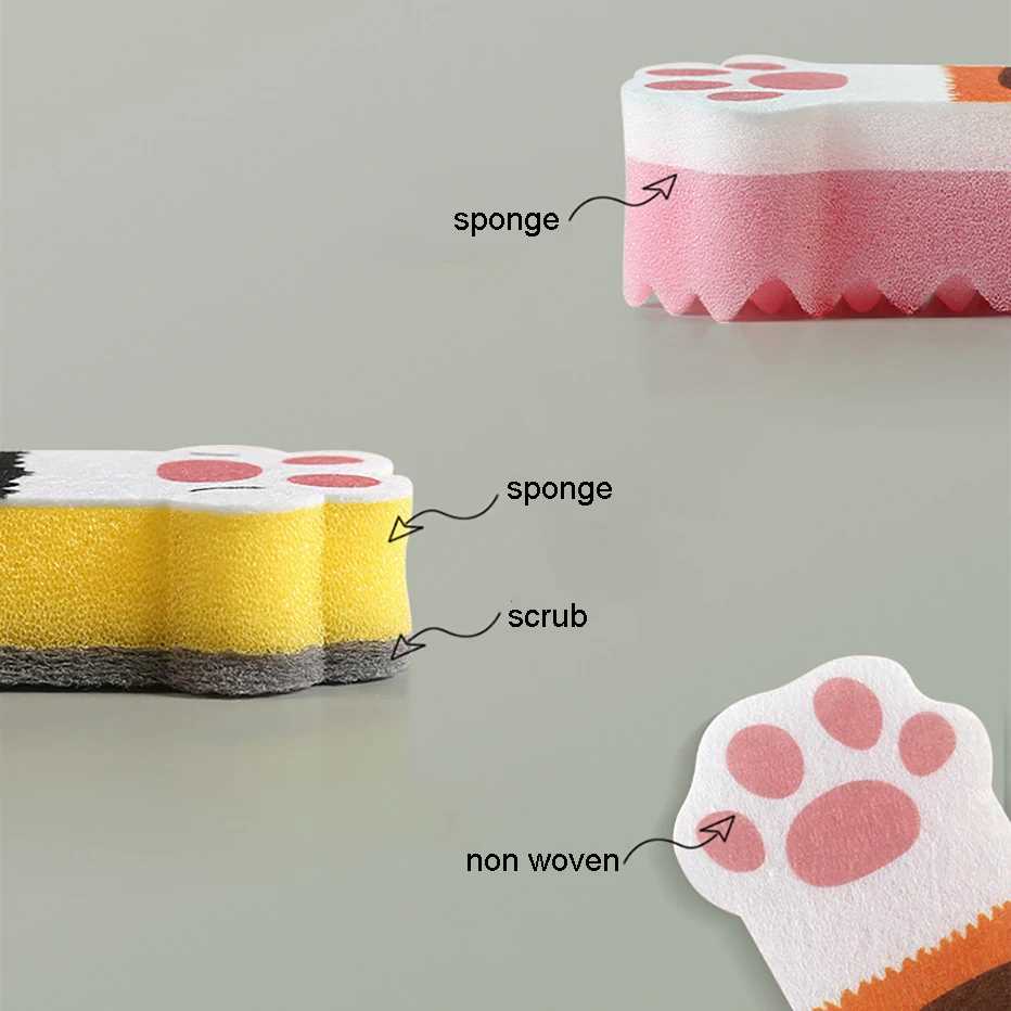 3PCS Kitchen Scrub Sponge Cute Cat Paw Shape Non-Scratch Dishwashing Heavy Duty Pad for Cleaning Dish Scrubber | Дом и сад
