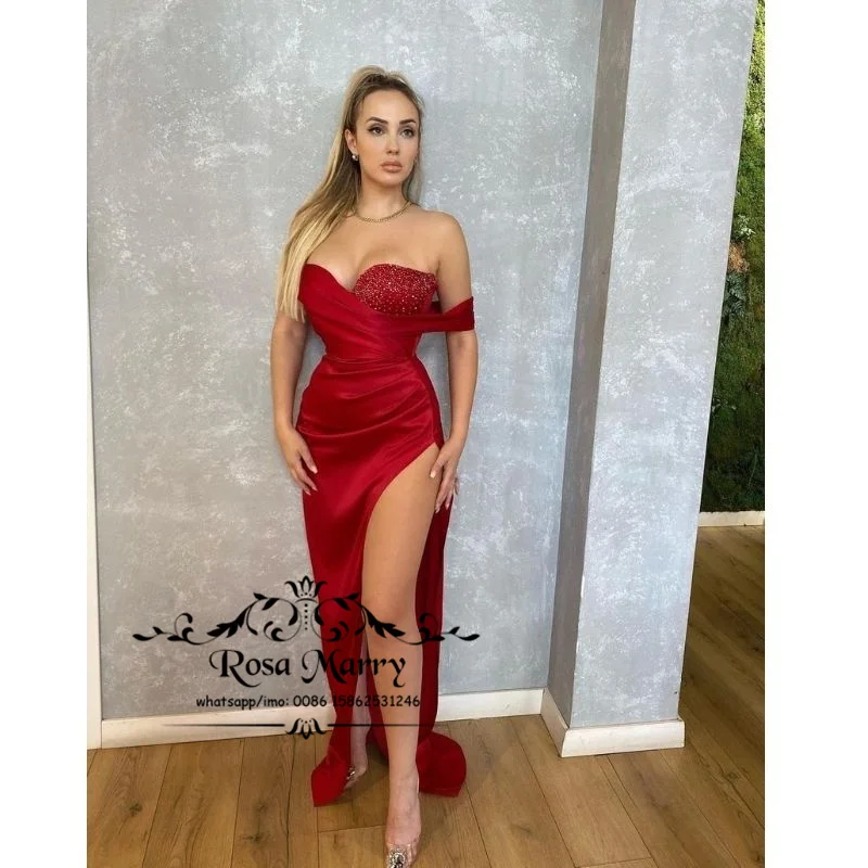 

Sexy Red Mermaid Off Shoulder Evening Dresses 2021 Sequins Beads High Side Split Long Satin Formal Celebrity Party Gowns Women