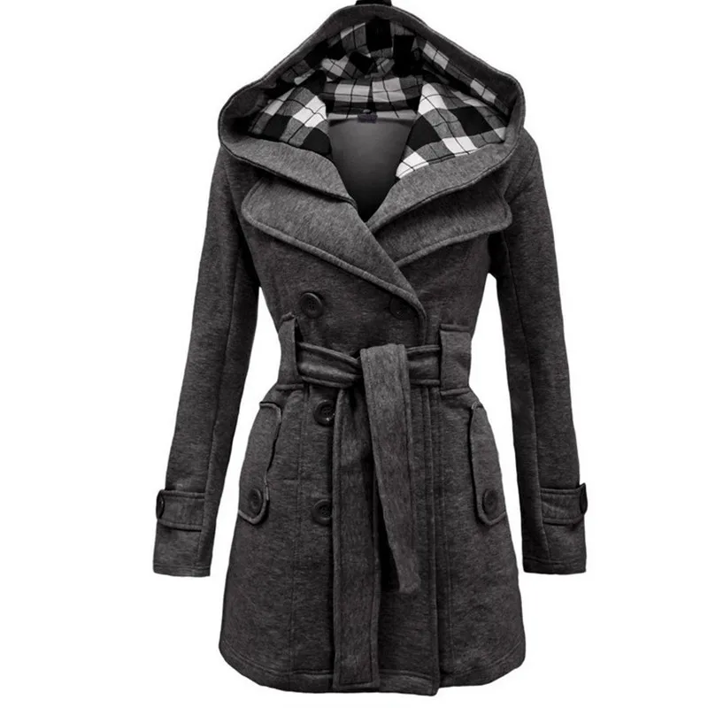 

Winter Hooded Coat Women Long Sleeve Adjustable Sashes Double-breasted Warm Fashion Parka Solid Pockets Woman Casual Overcoat