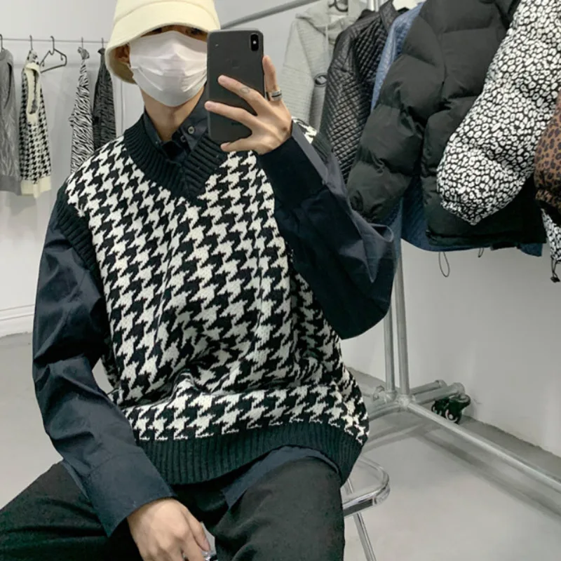 Spring Plaid Sweater Vest Men Korean Fashion Loose Casual Pullover Harajuku Streetwear Knitted Sleeveless | Мужская одежда
