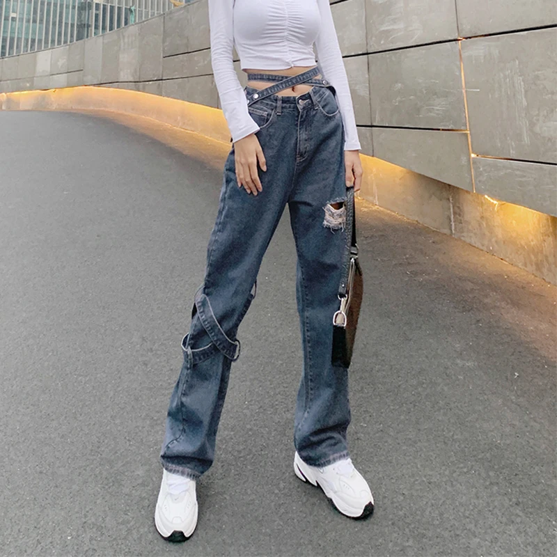 

SEASONS Hollow Out Buckle Hole Fashion Straight Jeans Women High Waist 90s Vintage Denim Pants Fashion Capris Trouser ASPA82179