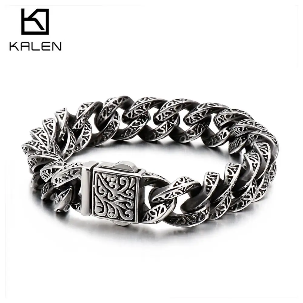 

13mm Leaf Pattern Retro Silver Color Cuban Bracelet Men 316 Stainless Steel Rock Jewelry