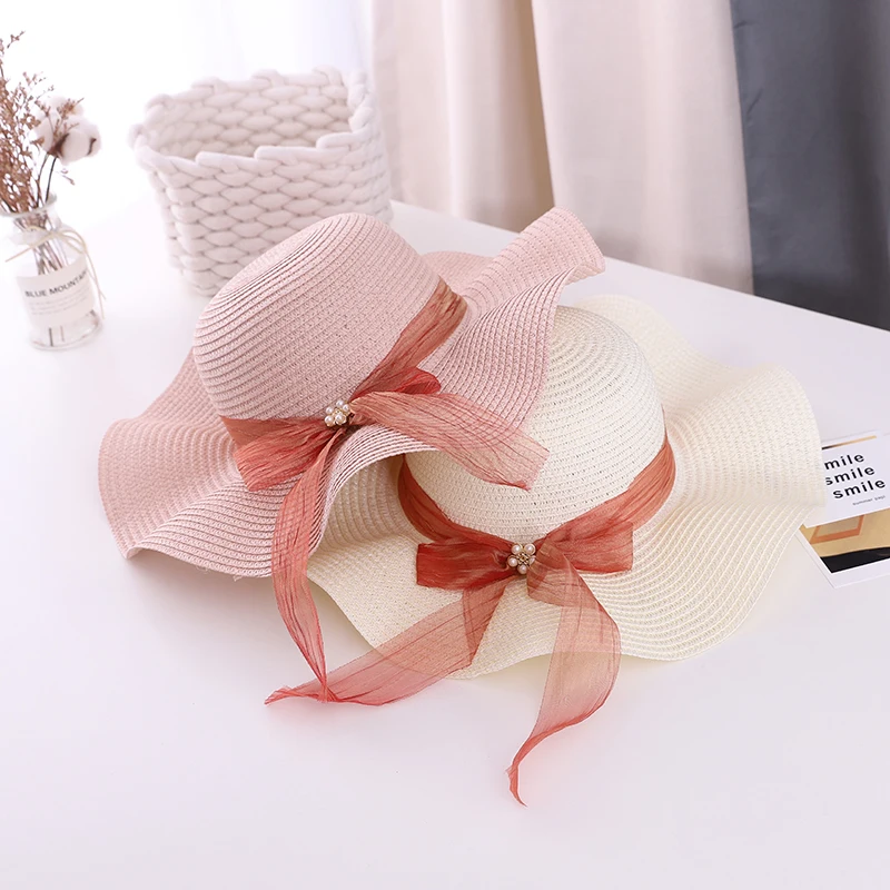 

Summer Straw Hat Women Fashion Net Yarn Bow Wide Brim Sun Protection Beach Hat Floppy Foldable Sun Hats For Ladies
