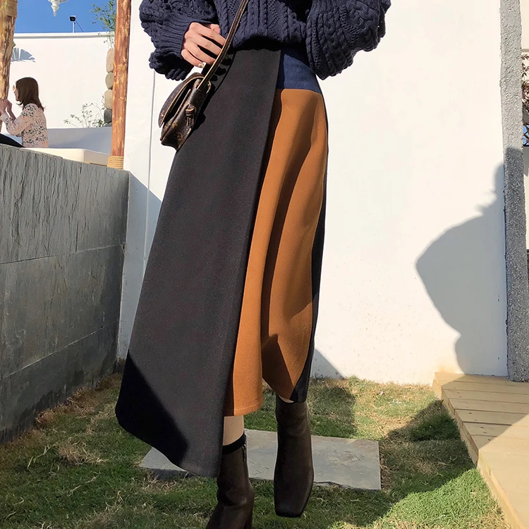 Женская Асимметричная юбка Лоскутная с высокой талией на осень и зиму 2019|Женские