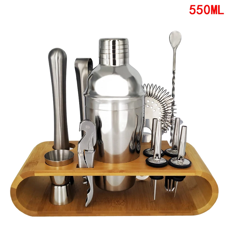 12Pcs 550ml 13 шт. из нержавеющей стали шейкер Бар Набор Винный Миксер для напитков шейкер Бостонского стиля вечерние барные инструменты с бамбуковой подставкой - Цвет: 12Pcs 550ml
