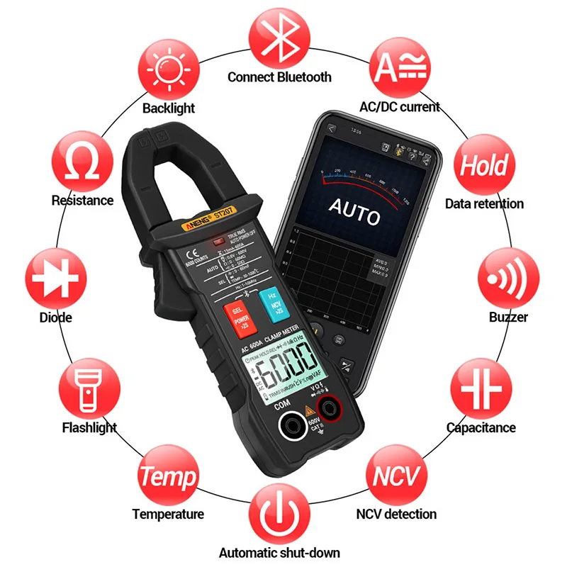 

ANENG ST207 Digital Bluetooth Multimeter Clamp Meter 6000 Count True RMS DC/AC Voltage Tester AC Current Hz Capacitance Ohm