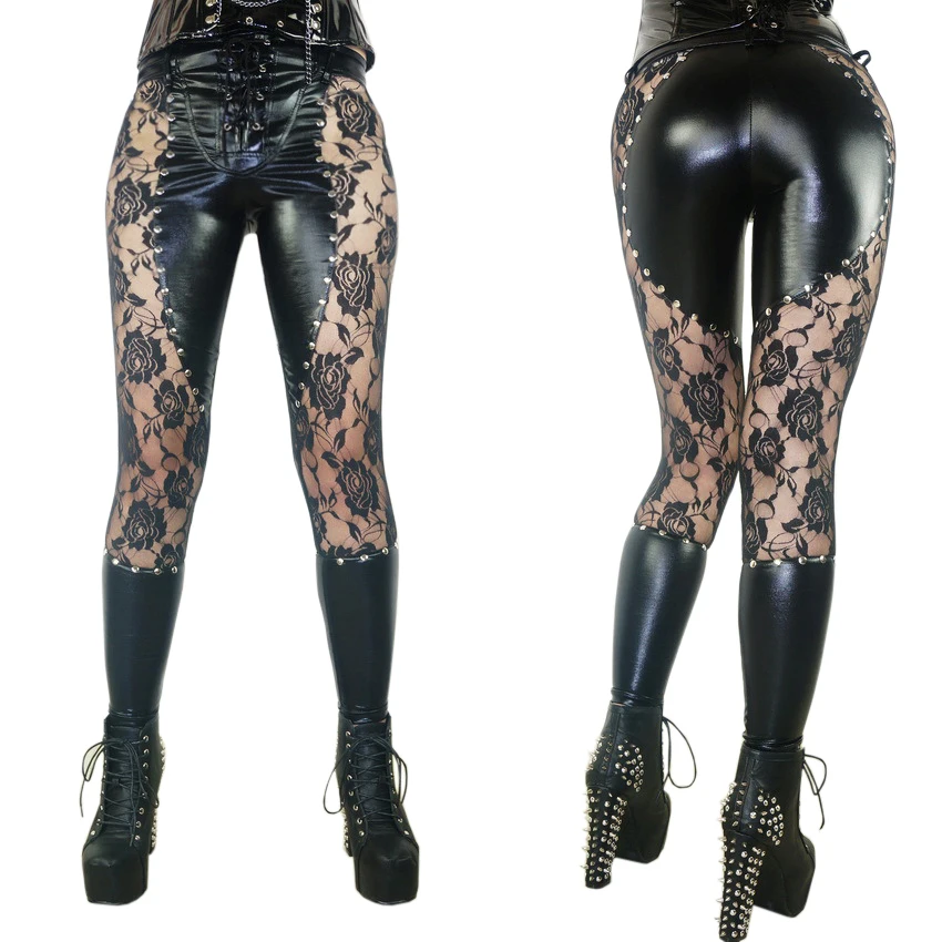 Womens Leggings Vinyl Leather Lace Patchwork Fitness Leggins Punk Rock Sexy Floral Printed Lace Up Gothic Black Jeggings Pants