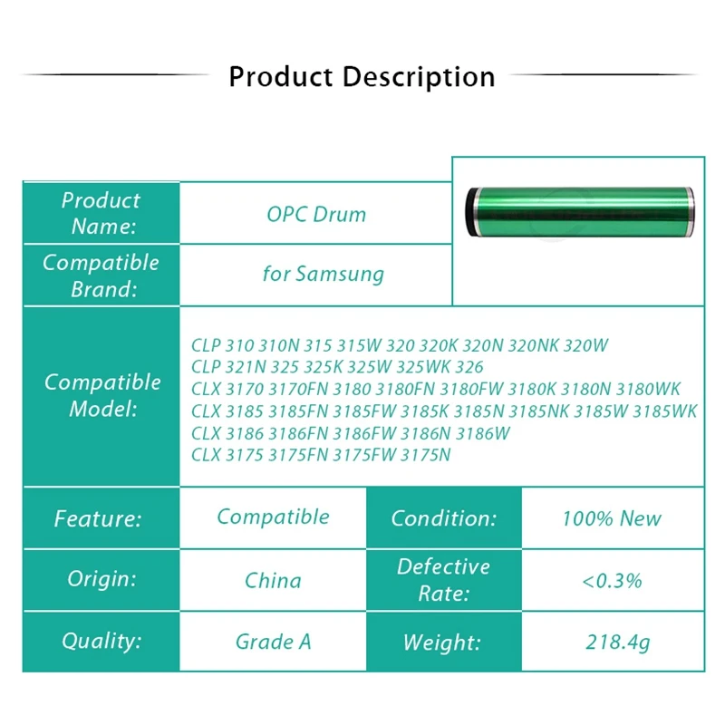 

Opc Drum for Samsung Clp-310 Clp-320 Clp-315 Clp-321 Clp-325 Clp-326 Clx-3175 Clx-3185 Clx-3186 Clx-3170 Clt-R409 Clt-R407
