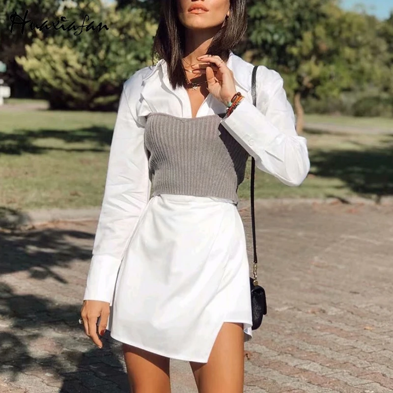 Женский свитер без рукавов Huaxiafan Серый Повседневный однотонный короткий топ на