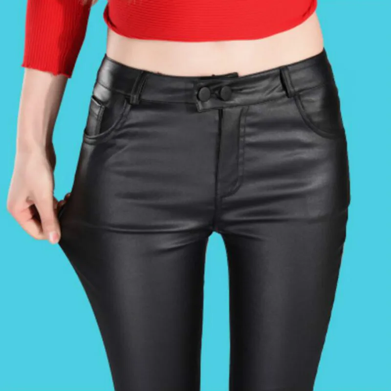 Осенне-зимние женские кожаные брюки высокие блестящие облегающие Женские