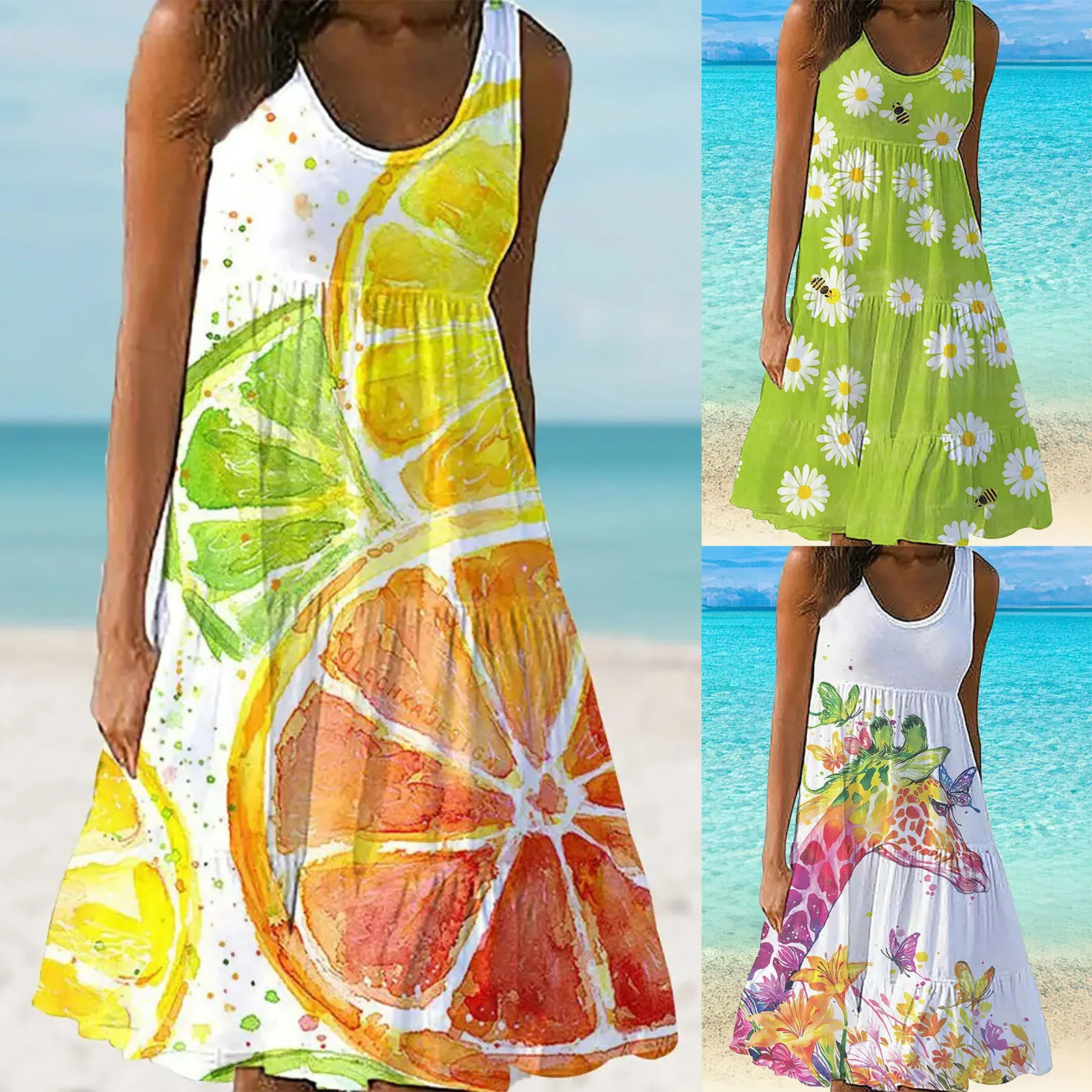 

Fashion Dresses Summer Woman 2021 Printed A-line Skirt Pullover O-Neck Tank Top Dresses Women Casual платье для девочки