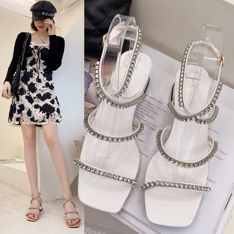 

Fairy style buckle with rhinestone sandals female summer 2021 new net red flat Roman shoes wear beach shoes