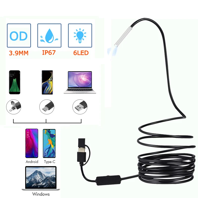 3,9 мм HD 7200P Android эндоскоп 3 в 1 USB/Micro/type-C бороскоп Инспекционная камера водонепроницаемый для смартфонов с OTG UVC PC