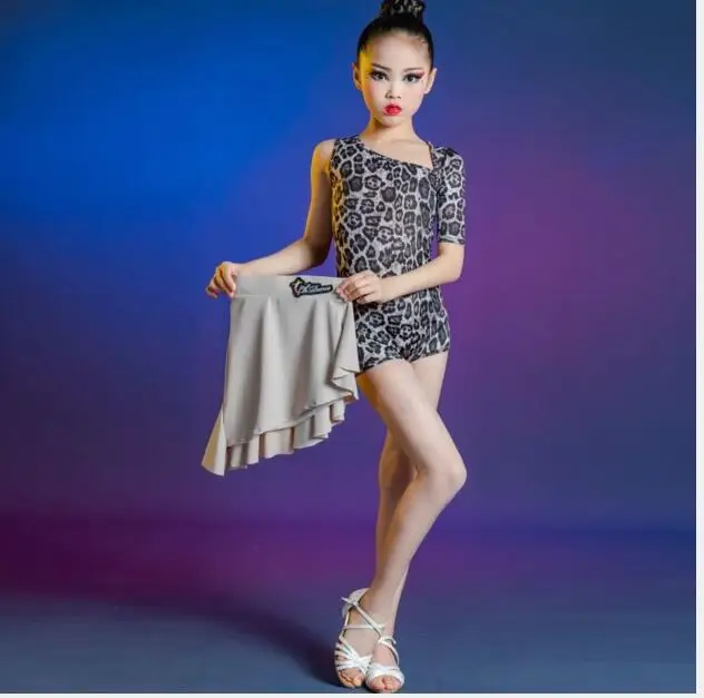 

1set/lot children leopard latin costumes girl sexy leopard bodysuit and skirt girl dancing clothing