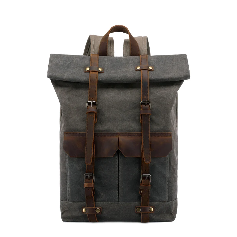 

Nesitu Highend New Vintage Army Green Coffee Grey Crazy Horse Leather Canvas Women Men Backpacks 14'' Laptop Travel Bags M0013