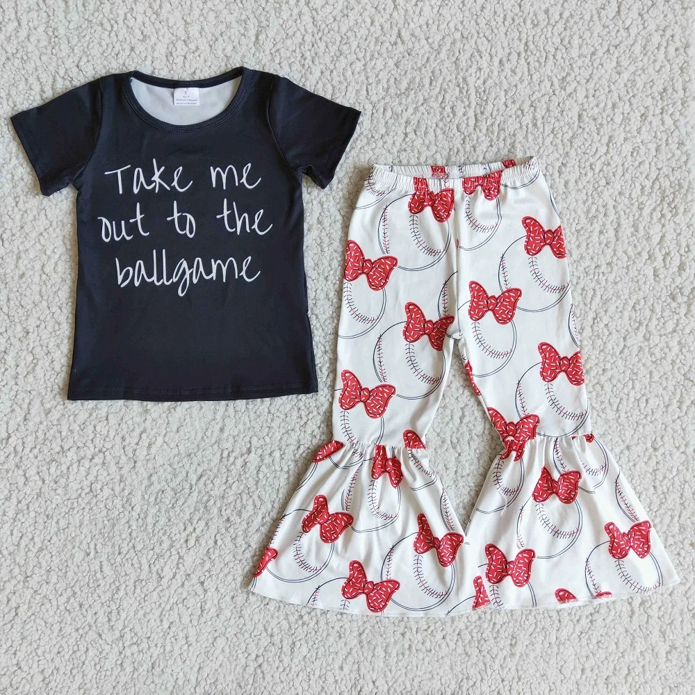 

RTS Children Girl Short Sleeve Letters Print Black Shirt Bow Baseball Bell Bottom Pants Clothes Kids Boutique Spring Outfits