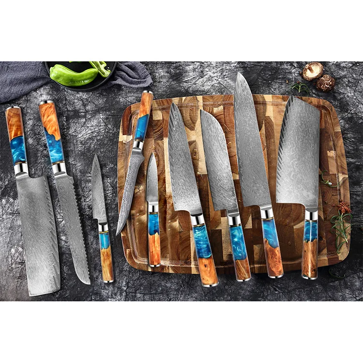 Набор кухонных ножей острый нож шеф повара из дамасской стали с синей смолой и