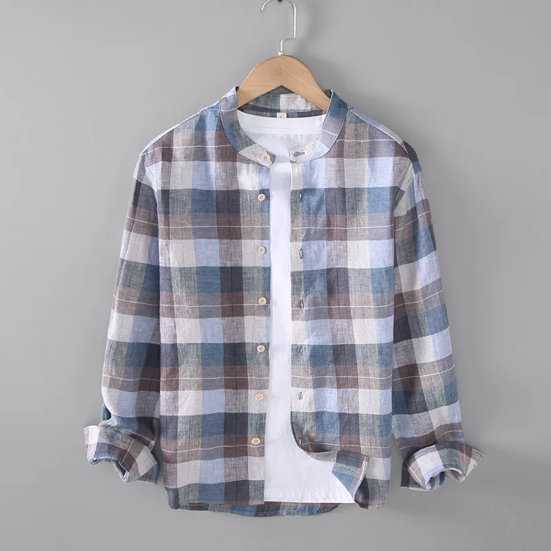 

JM282 Casual Plaid Shirt Men Popular Classical Simple Linen Button Stand Collar Long Sleeve Loose Color Matching Design Clothing