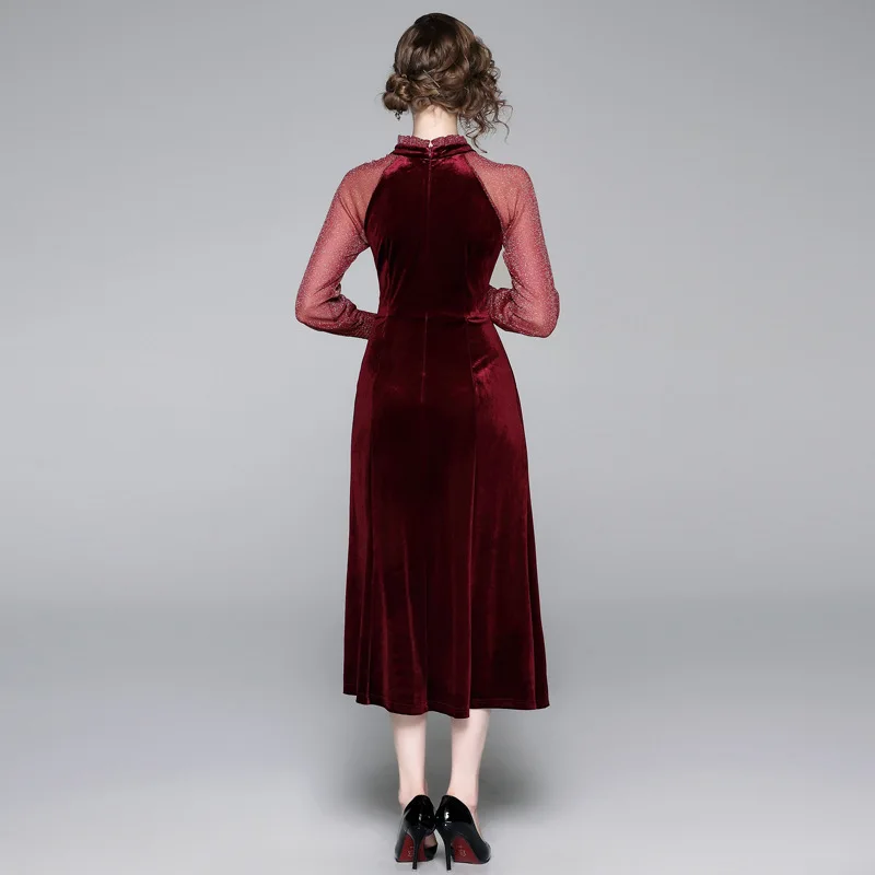 2020 винтажное элегантное платье с длинным рукавом в стиле пэчворк из сетчатого