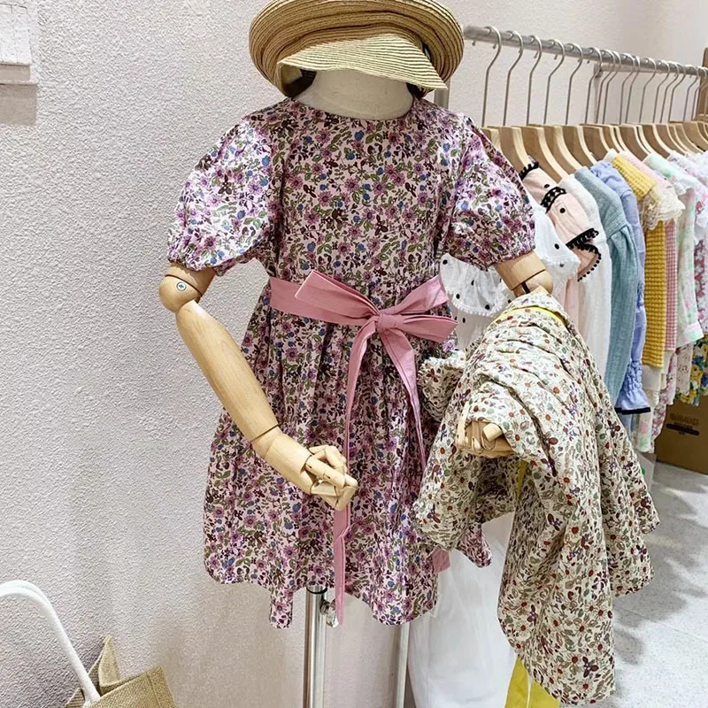 

2022 summer new dress cute fashion bow belt floral skirt open back dresses girl clothes