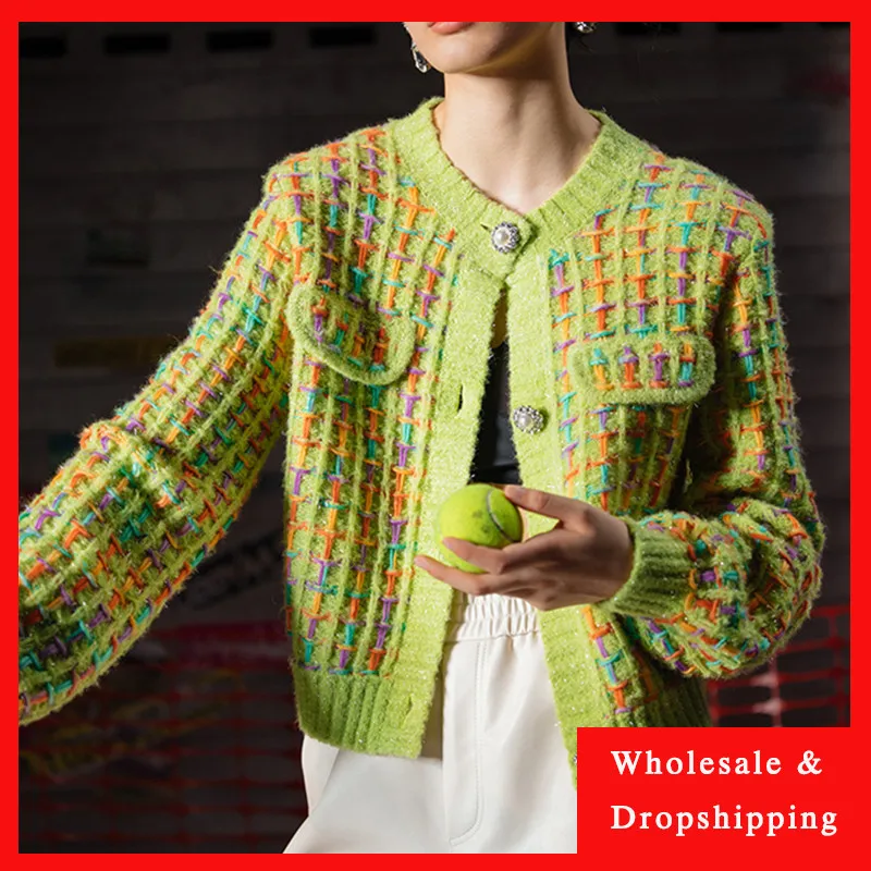 

Флуоресцентные цвета вязаный костюм с ворсом из наборы осенней одежды в клетку с длинными рукавами; Вязаный кардиган; Пальто; Верхняя одежд...