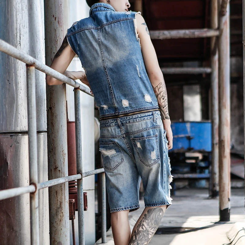 Summer tide brand denim jumpsuit men European and American fashion retro holeless sleeveless clothing | Мужская одежда