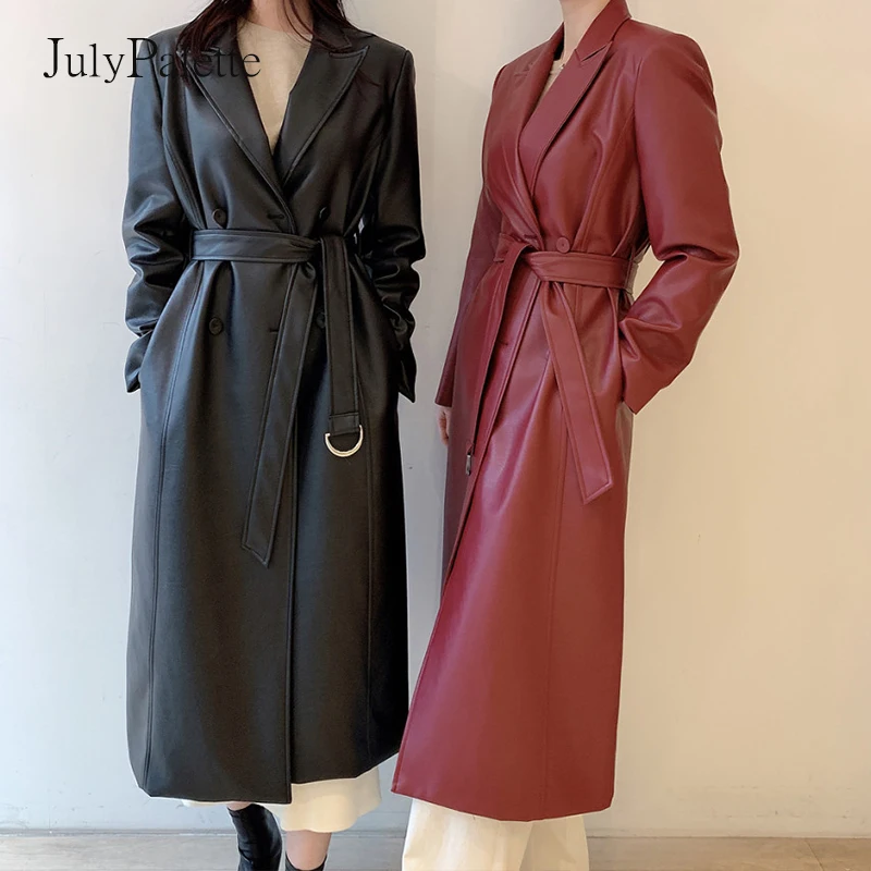 

Julypalette шикарный женский двубортный кожаный тренчкот с воротником-стойкой 2022 Весенняя винтажная женская верхняя одежда из искусственной кожи с поясом