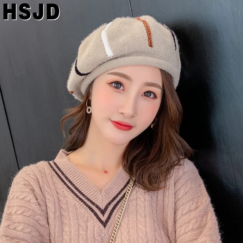 Шапка-бини Женская плюшевая теплая шапка-полосатый берет из смешанной норки