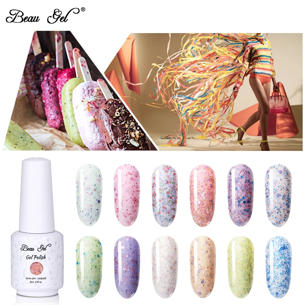 Гель лак для ногтей Beau 8 мл с сыром и песком блестящий полуперманентный блестками