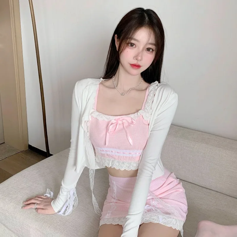

Pink Set Women Plaid Crop Top Skirt Ribbon Bow Lace Trim Decoration White Cardigan Cute Suit Sweet Girl Kawaii Clothes Summer