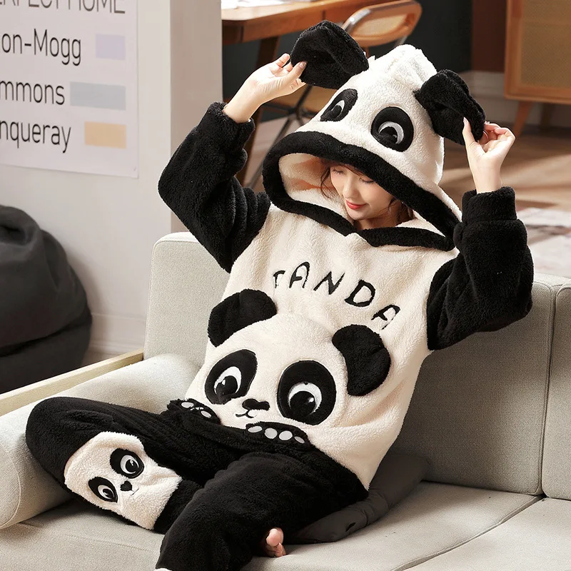 

2 Piece Pajama Set Women Winter Autumn Winter Long Sleeved Hooded Cartoon Plus Velvet Padded Home Service Cute Korean Pajamas
