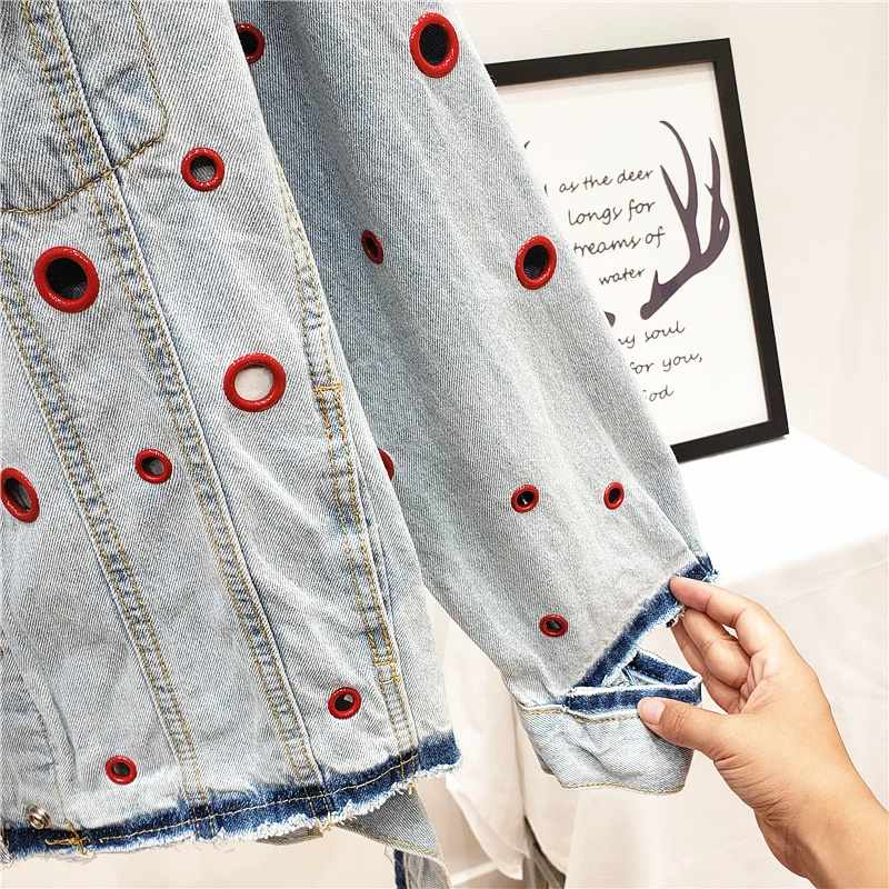 

Denim Coat Women Heavy Industry Ring Openwork Jeans Jacket Female 2021 Spring Autumn Models Loose Frayed Retro Jacket Outerwear