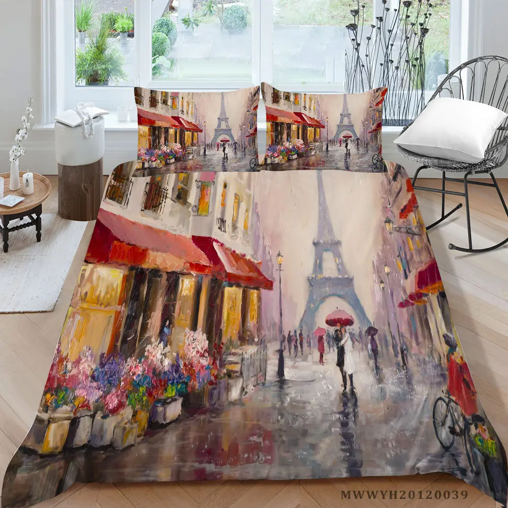 

Quiet Street Bedding Set Eiffel Tower Vintage Duvet Cover Oil Painting Queen Twin King Single Double Floral Bed Set Romantic