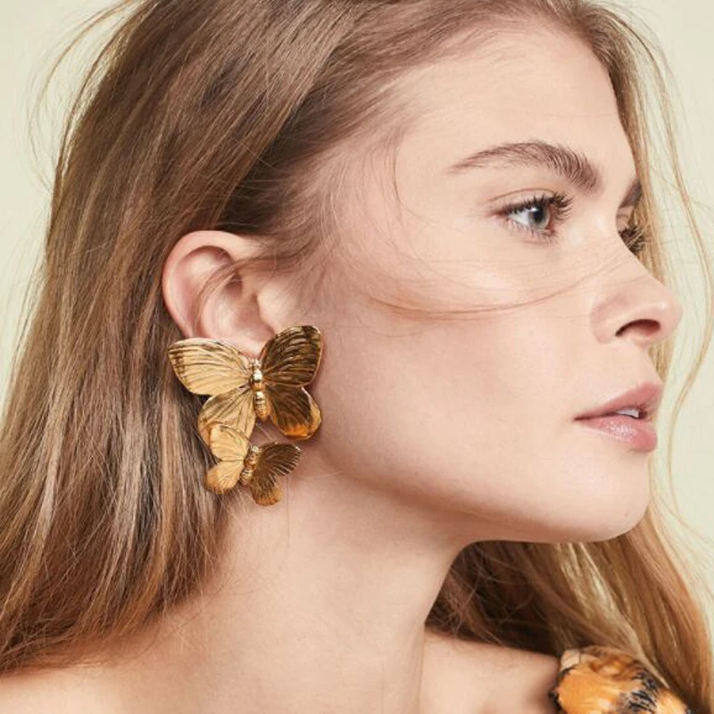 

Fashion Alloy Double Butterfly Earrings Gold Plated Retro Exaggerated Big Butterfly Earrings Hot Selling Jewelry For Women Girl