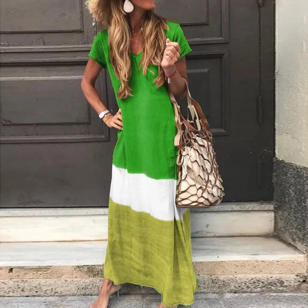 Women Maxi Dress Plus Size 5XL Daily Tie-dye Color Block Loose V Neck Short Sleeve Party Dresses ropa mujer 2020 NEW | Женская одежда