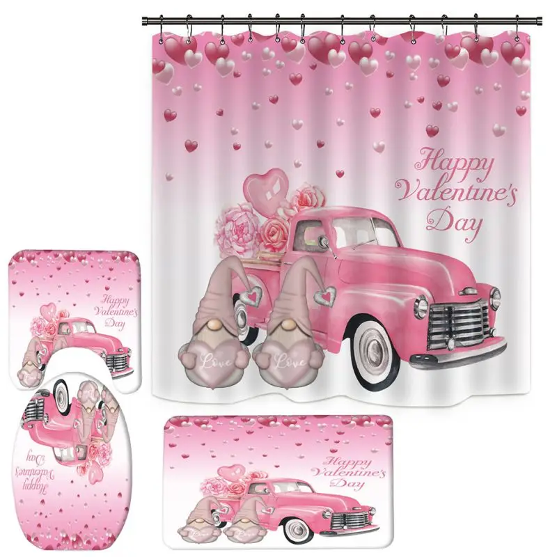 

4PCS Valentine's Day Shower Curtain Sets with Non-Slip Rugs Toilet Lid Cover Bath Mat and 12 Hooks for Valentines Bathroom Decor